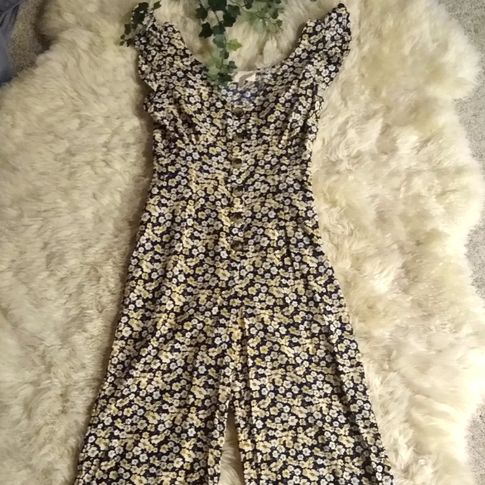 Yellow Floral Jumpsuit with ruffles and buttons